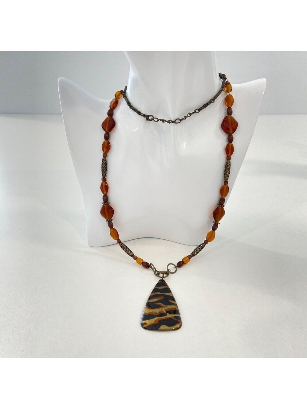 Vintage Y2K Tortoiseshell Pendant Necklace With Amber-Tone Glass Beads & Brass C